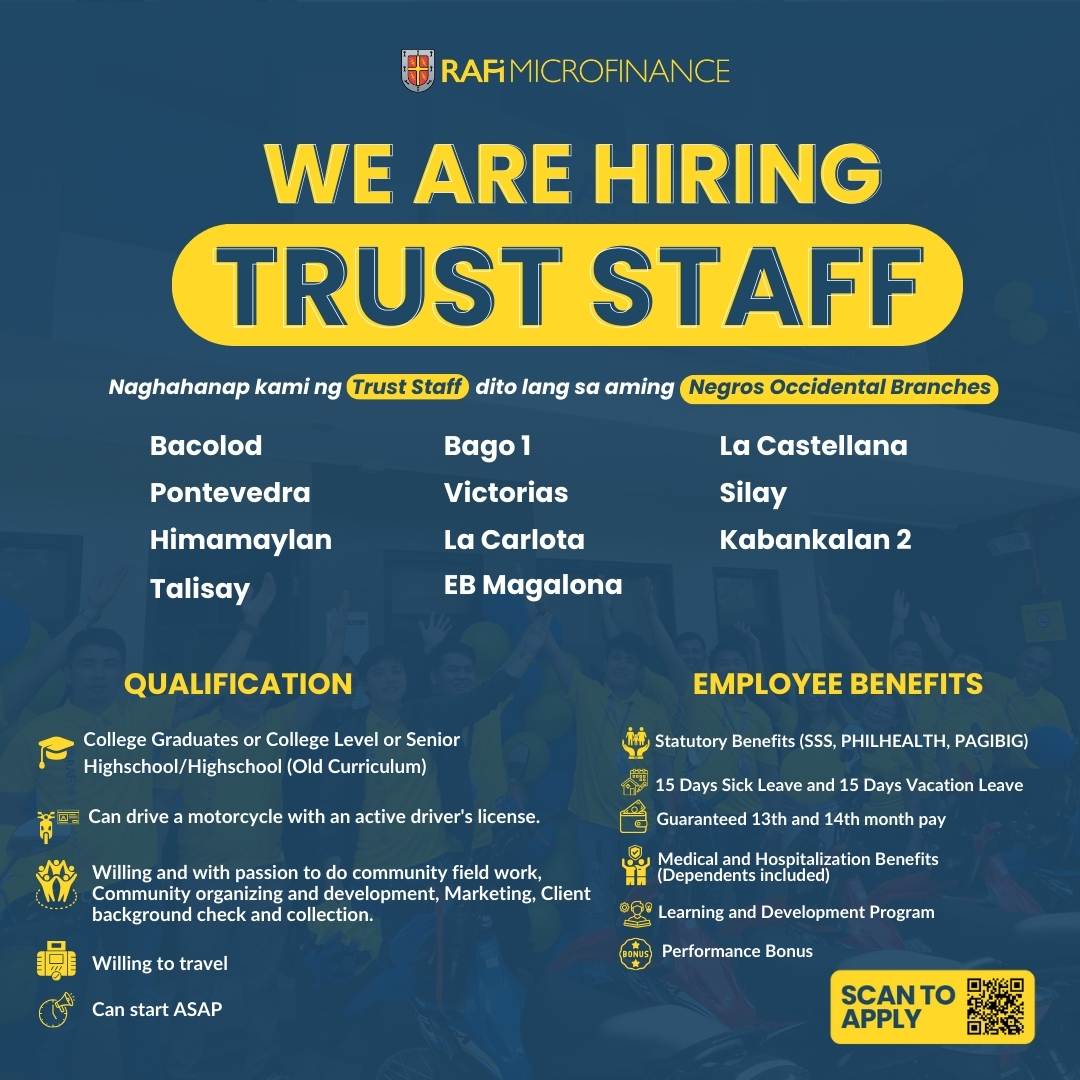 𝐖𝐄 𝐀𝐑𝐄 𝐇𝐈𝐑𝐈𝐍𝐆 𝐓𝐑𝐔𝐒𝐓 𝐒𝐓𝐀𝐅𝐅 | 𝐍𝐄𝐆𝐑𝐎𝐒... - RAFI MFI Careers | Facebook