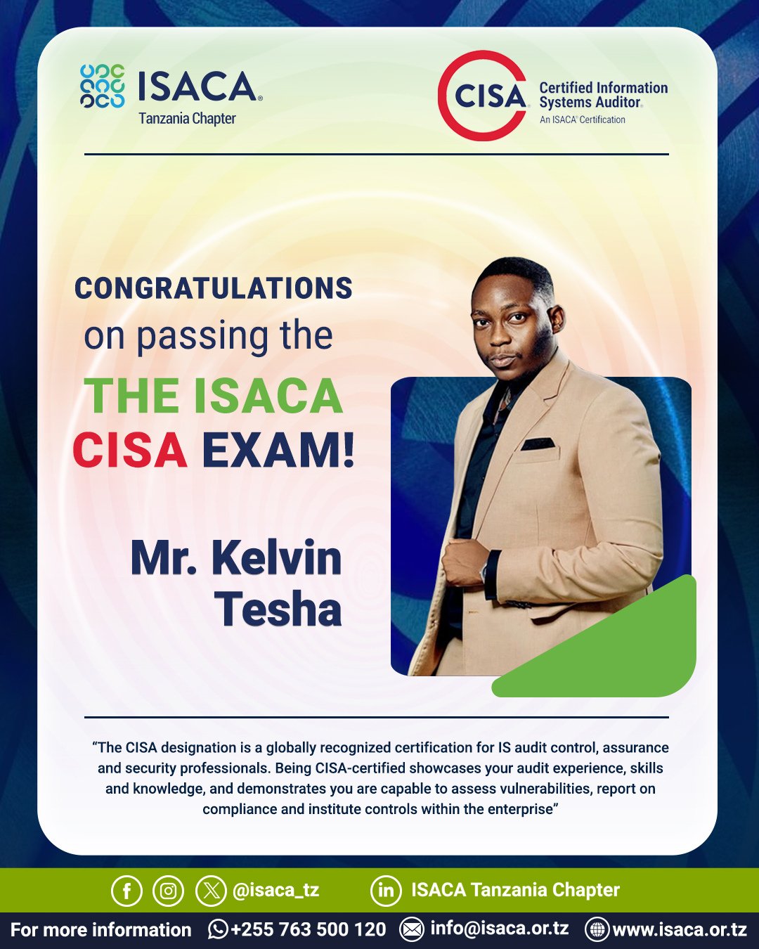 ISACA - Congratulations, Mr. Kelvin Tesha , on your outstanding ...
