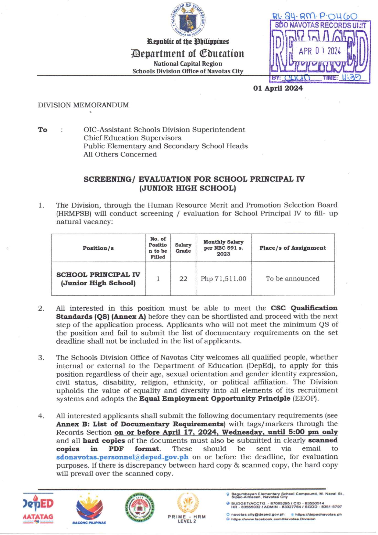 NOTICE OF VACANCY Position: School Principal IV (JHS) Number of Vacant ...