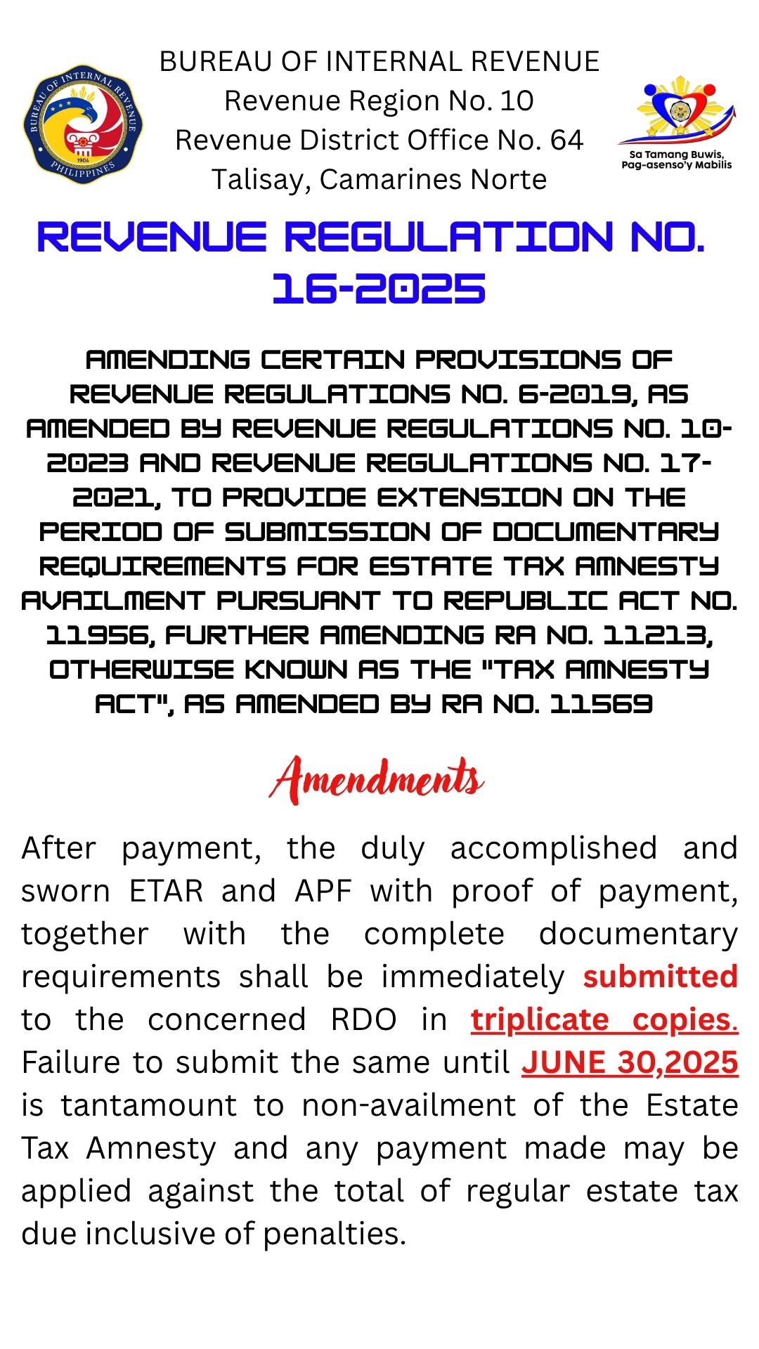 BIR - (CORRECTED) REVENUE REGULATION 16-2025 After payment, the duly ...
