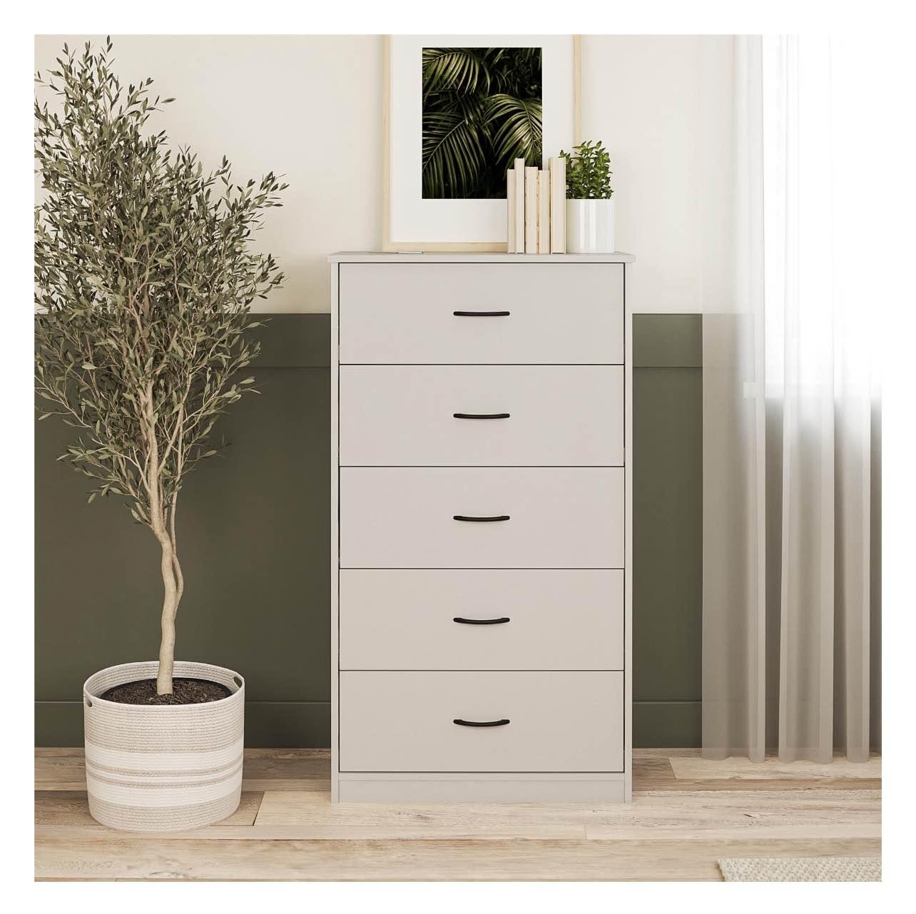 Classic 5 Drawer Dresser, Gray Give your bedroom or guest room additional storage with the Mainstays Classic 5 Drawer Dresser Made from laminated particleboard, the light gray finish gives the Dresser a