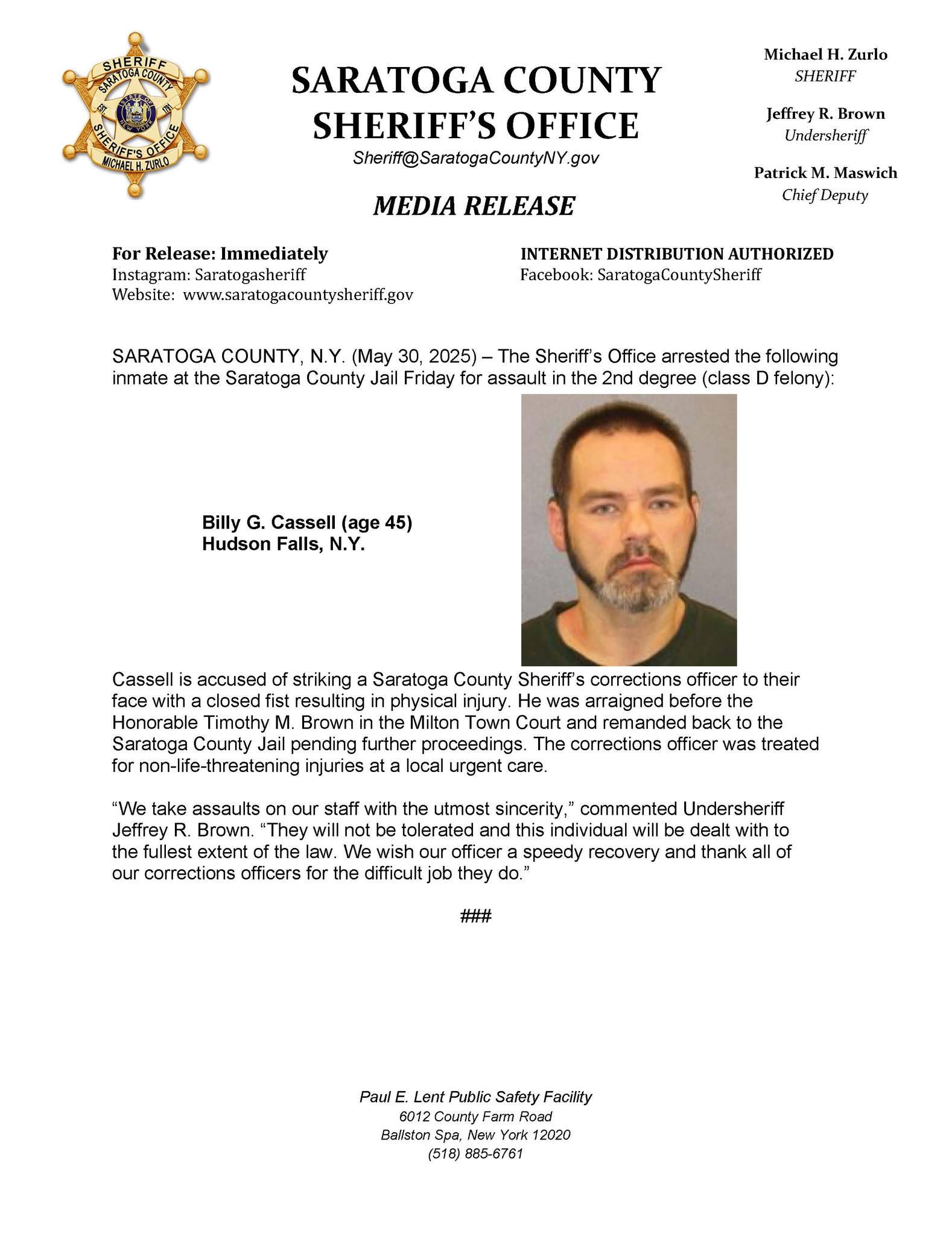 Saratoga - Inmate charged with assaulting corrections officer at ...