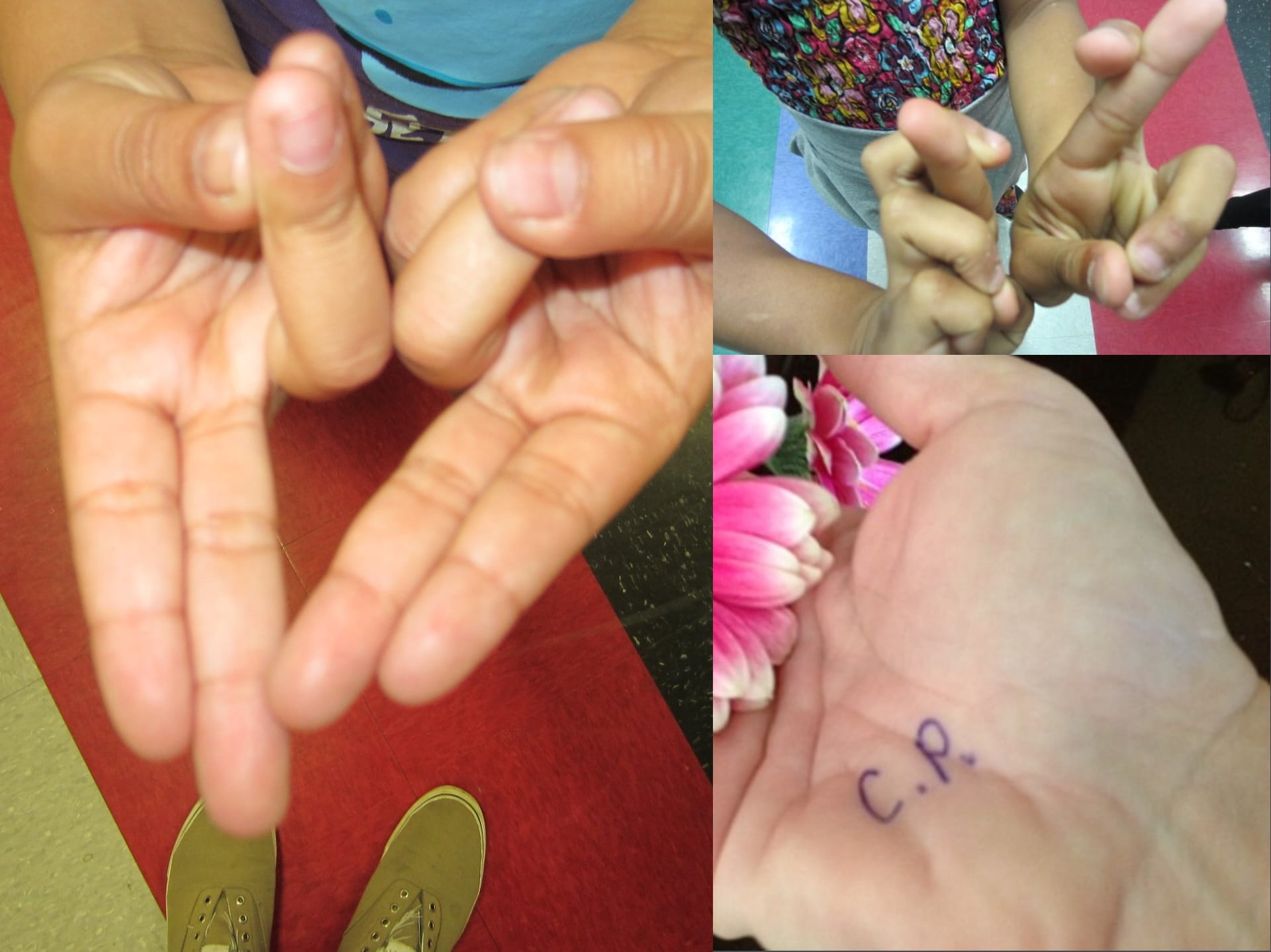 Cootie protection hand sign or cp on palm?
