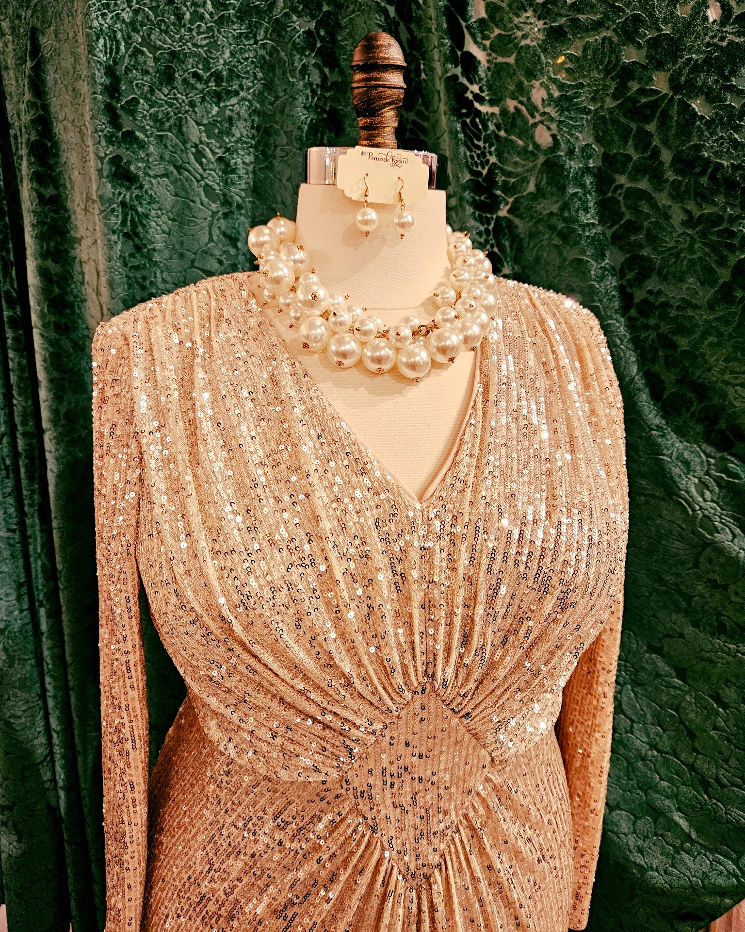 moira rose gold dress Sequin champagne cocktail at The Peacock Room Solid Dress Shirts
