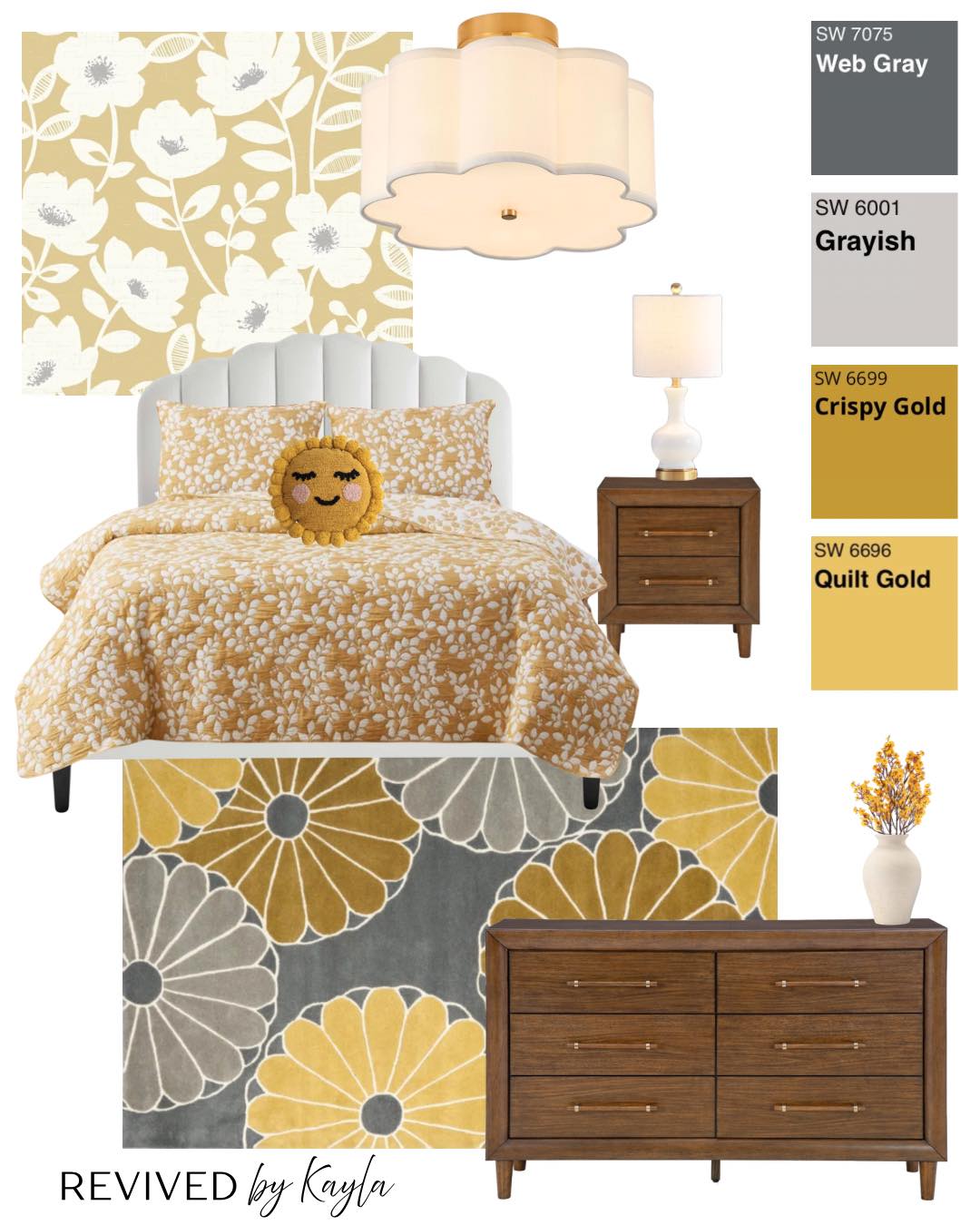 Revived - Yellow gold and gray bedroom design with color palette from ...