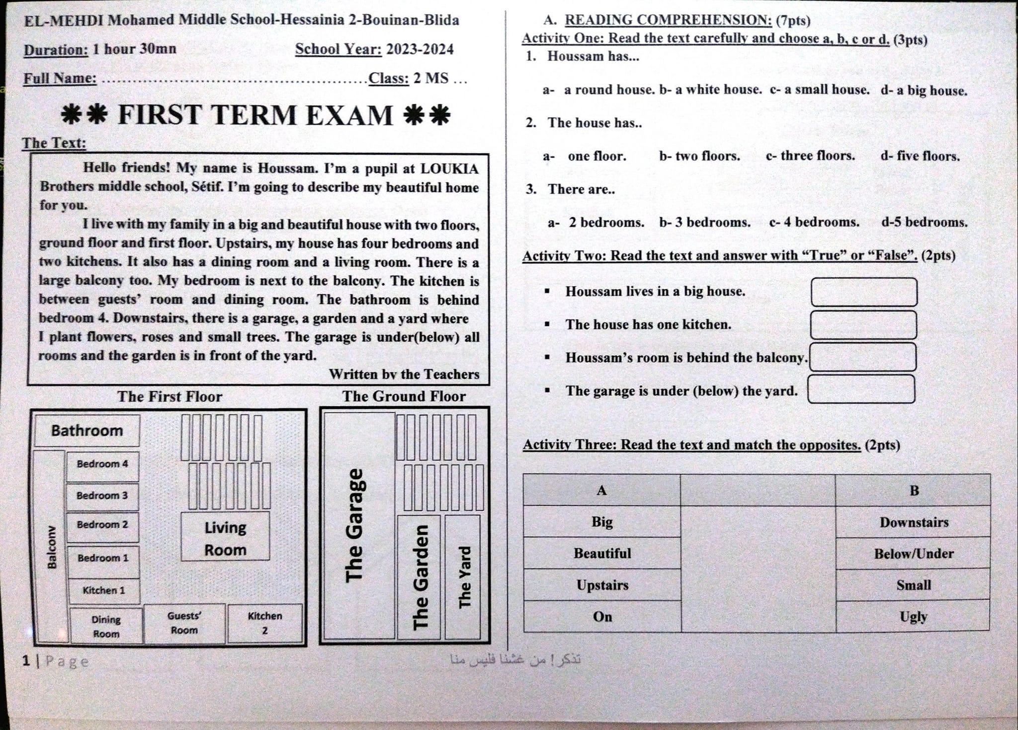 2MS FIRST TERM EXAM SEQUENCE 01 : DESCRIBING A HOUSE 🏡 YOU CAN DOWNLOAD ...