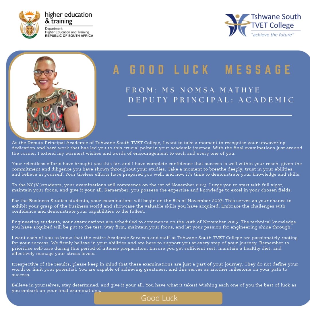 Good luck to all of you from... - Tshwane South TVET College | Facebook