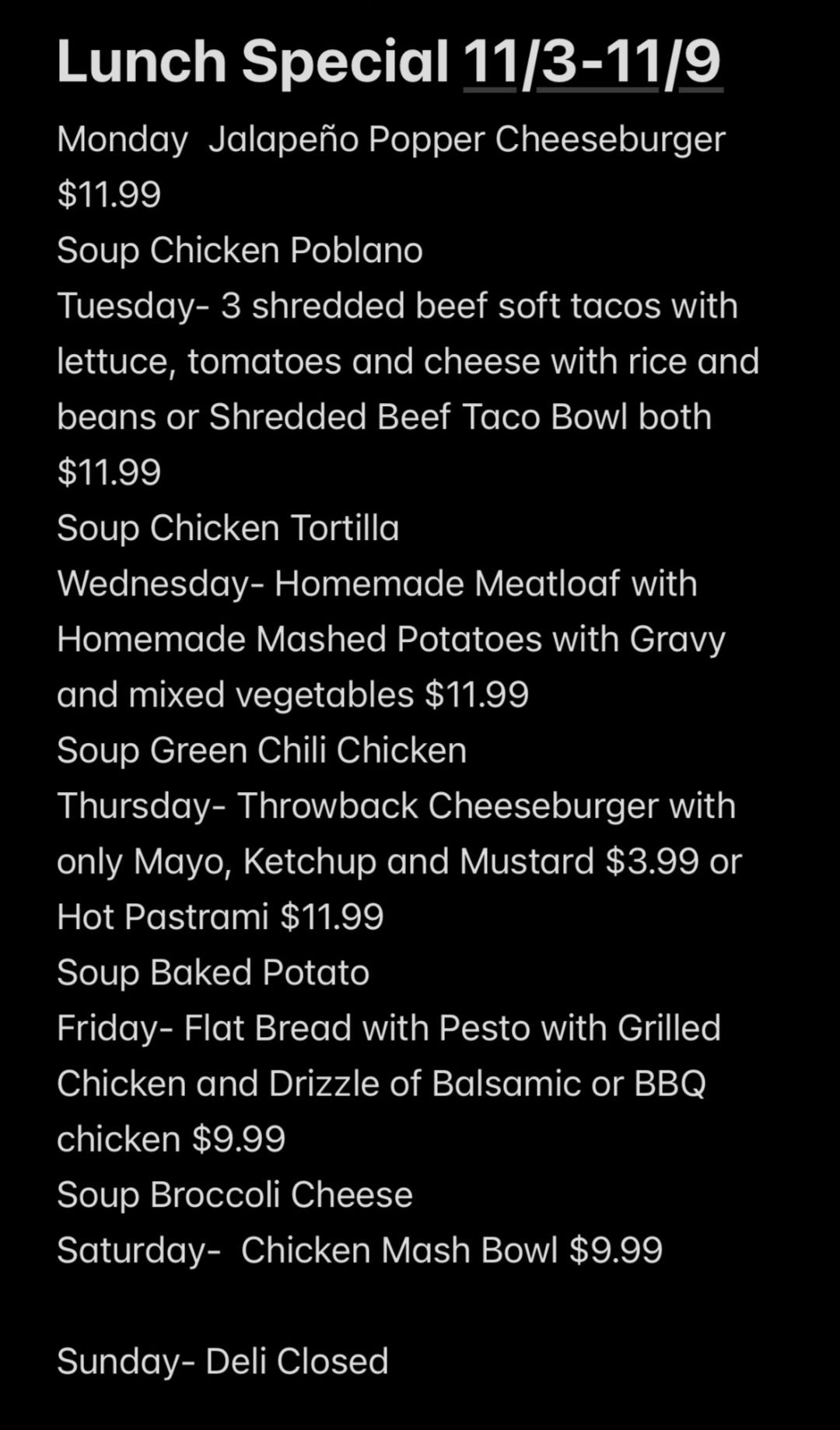 Havasu - Menu for our Market & Deli Store. Monday November 3, 2025 ...