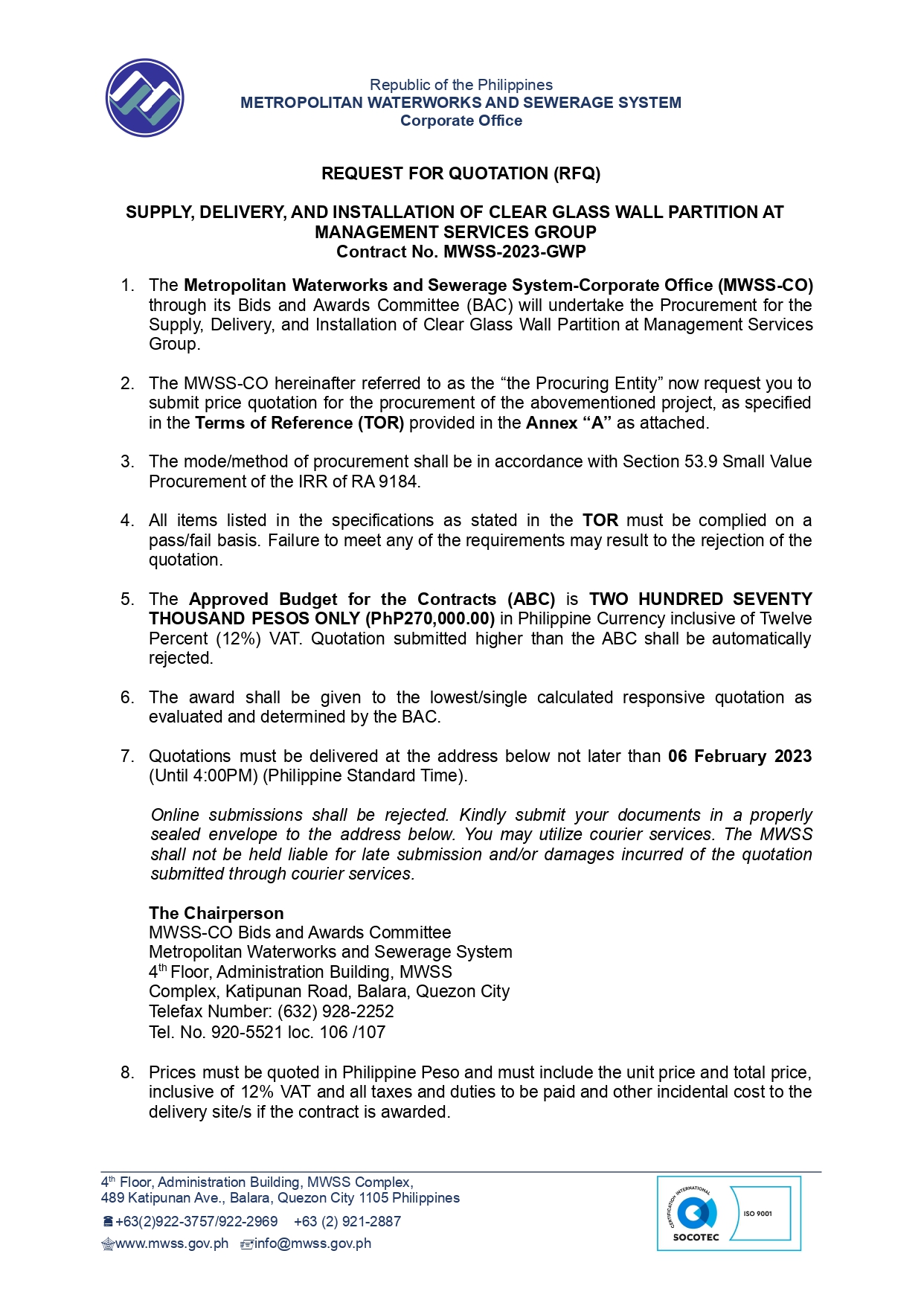 Request For Quotation - Supply and Delivery and Installation of Clear ...