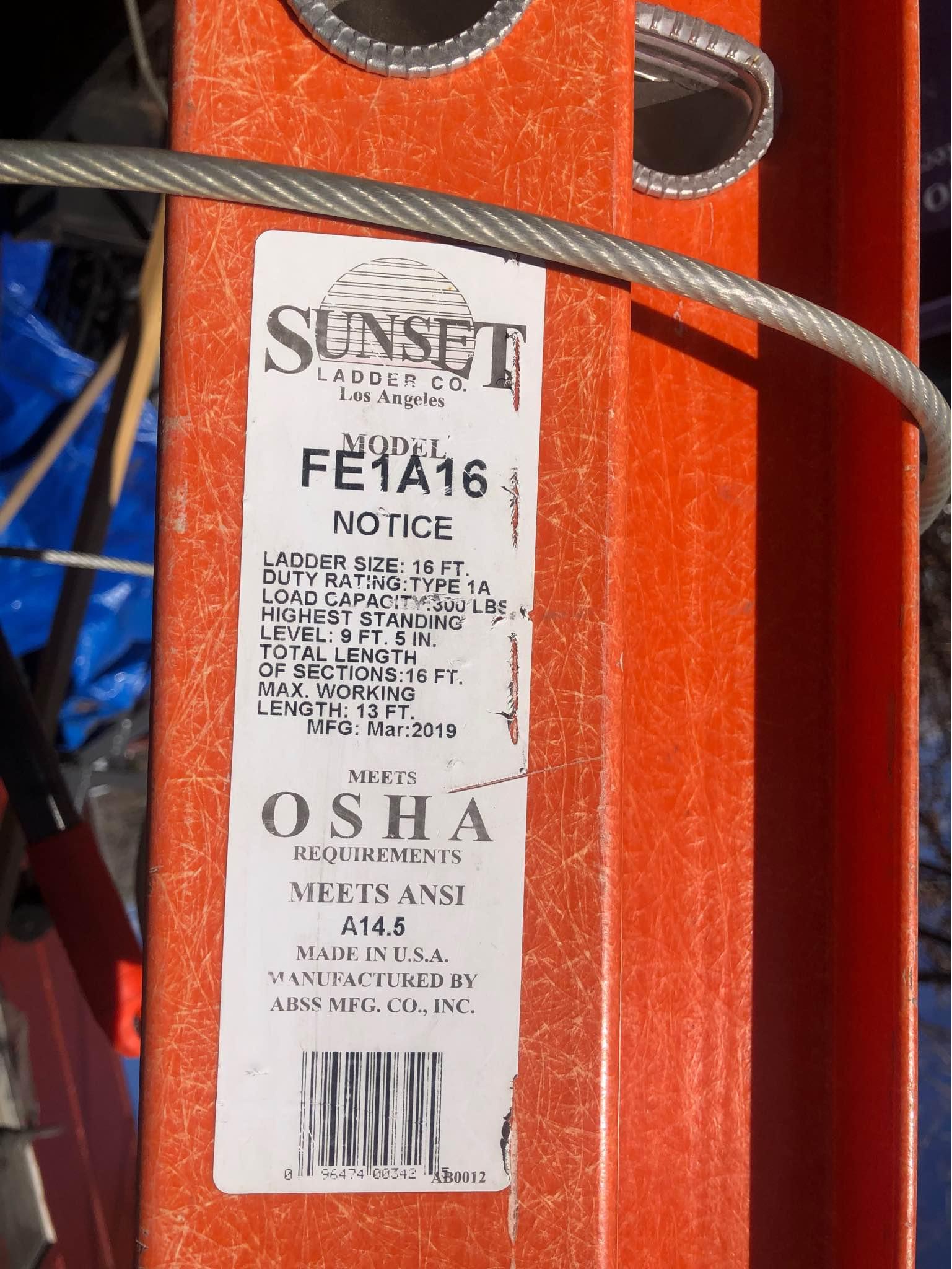 Sunset Ladder #FE1A16-C Heavy Duty Fiberglass Extension Ladder, Type 1A ...