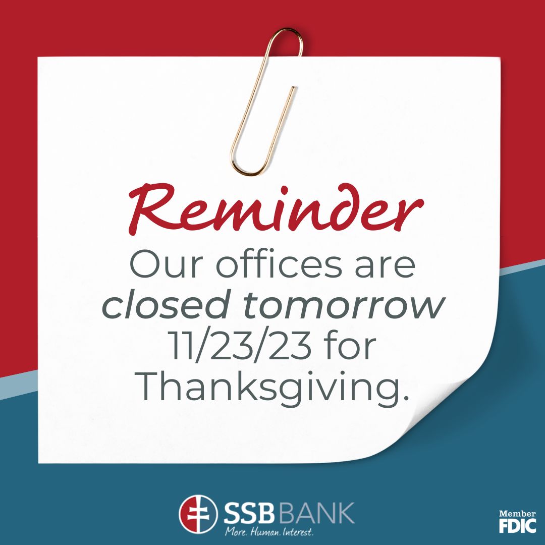 SSB Bank - ‼️ REMINDER: Both of our branches will be...