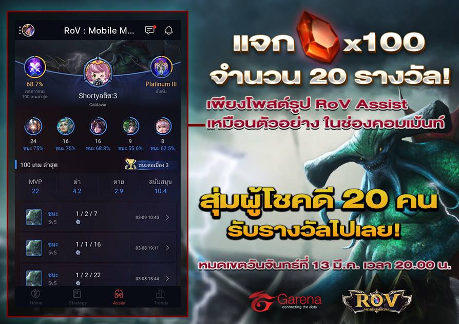 แจกเพชร x100 💎 จำนวน 20 รางวัล ... - Garena RoV Thailand | Facebook