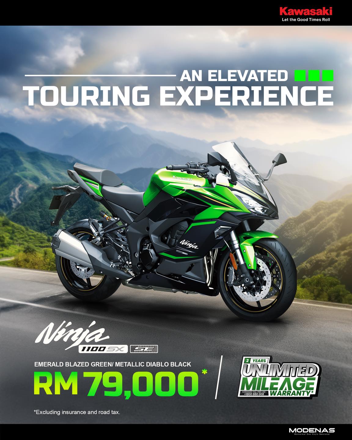 エメラルド Command the road with ultimate comfort in the new Ninja 1100SX SE