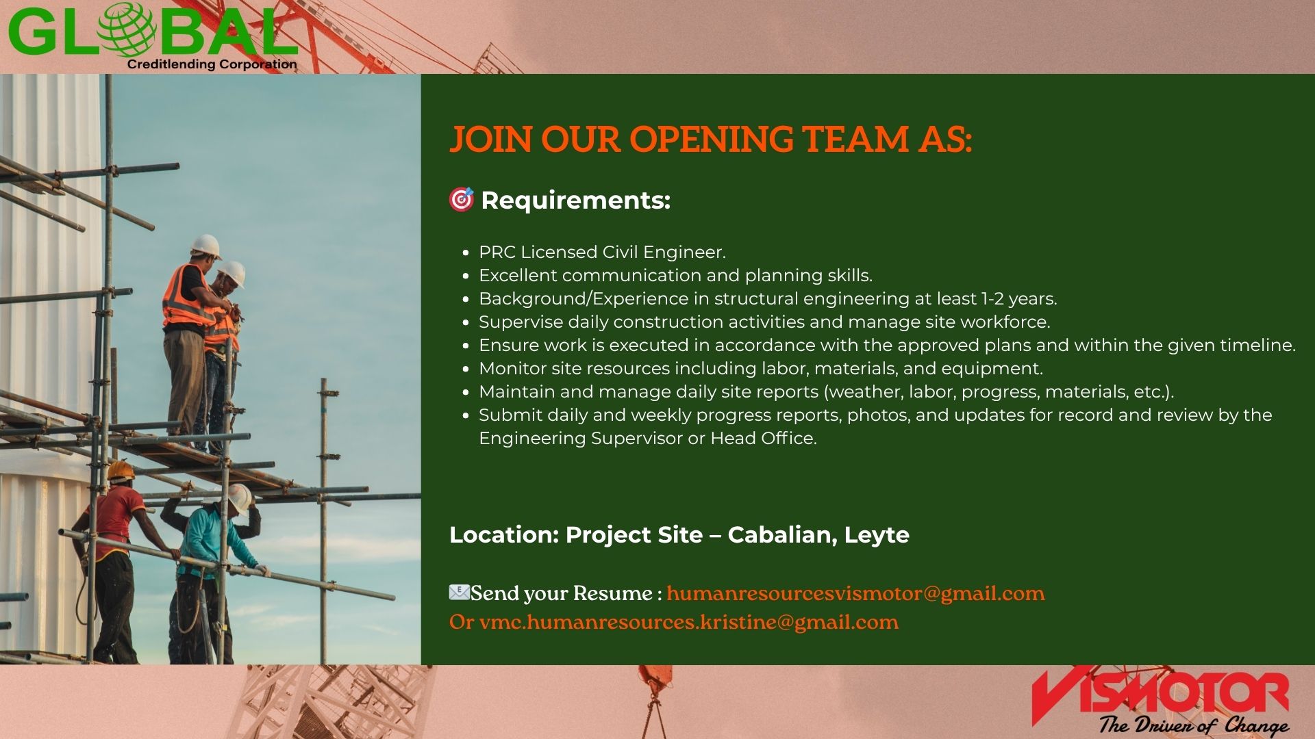 Vismotor - 🛠️ Hiring Now: Site Engineer Wanted in Cabalian, Leyte ...