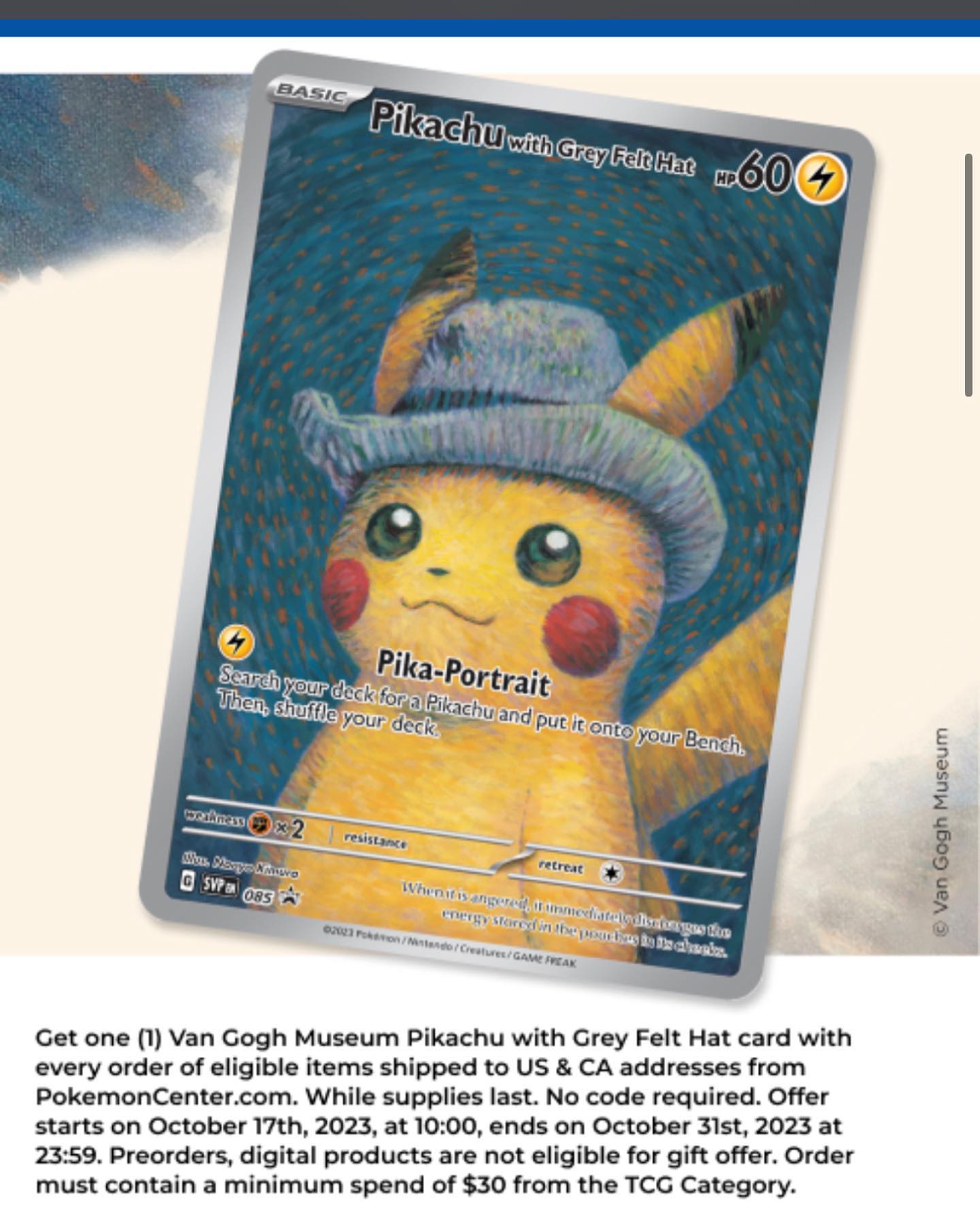 pokemon go pikachu hat card w Grey Felt Black Star Promo x Van Gogh #085 CGC 10 Pristine This legendary crossover promo Dawn's Hat Pikachu (Pokmon GO)