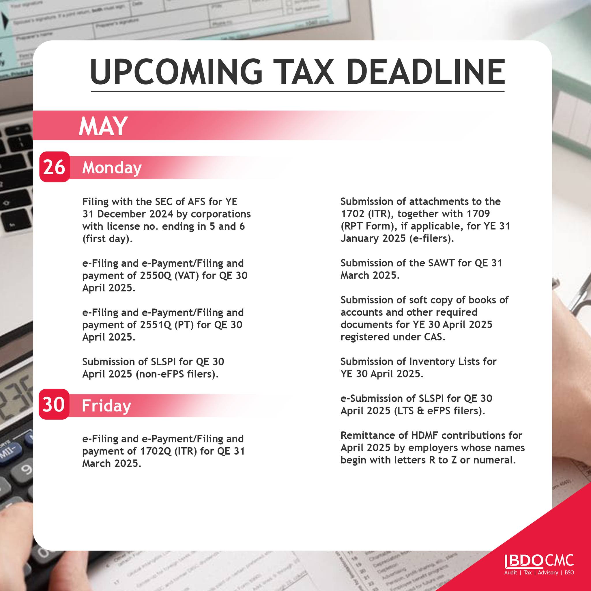 BDO CMC - 🔔 TAX DEADLINES REMINDER 🔔 Mark your calendars... | Facebook