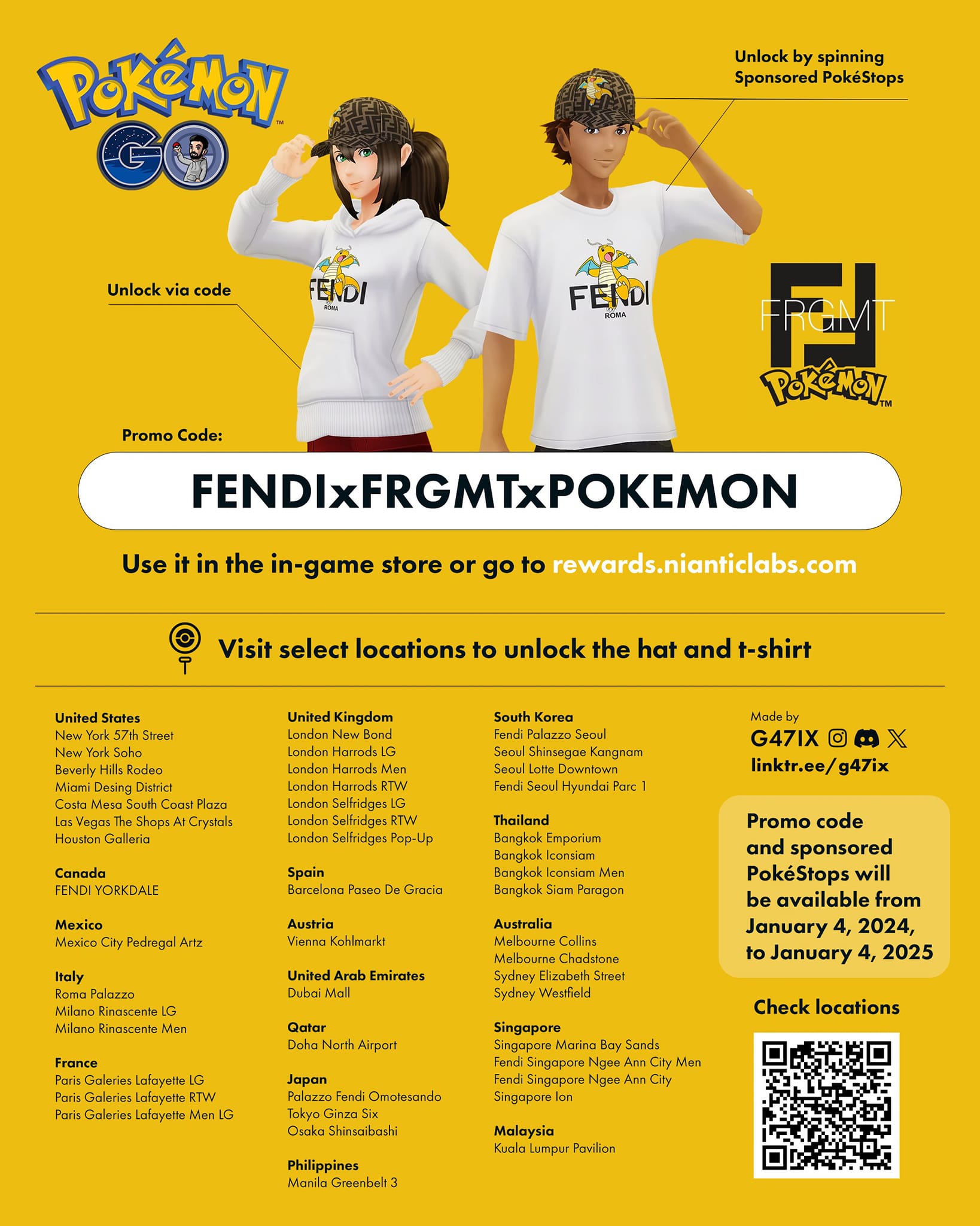 Use the code: FENDIxFRGMTxPOKEMON on your Pokémon GO Game to