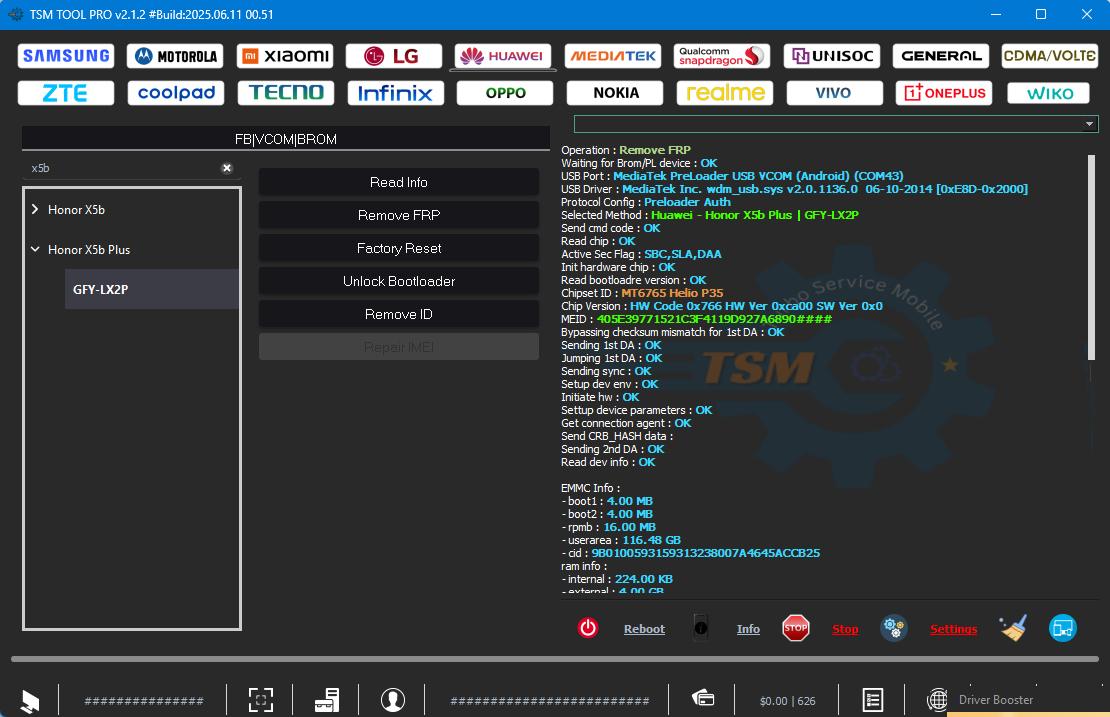 TSM TOOL PRO Users | FRP removed successful Huawei - Honor X5b Plus ...