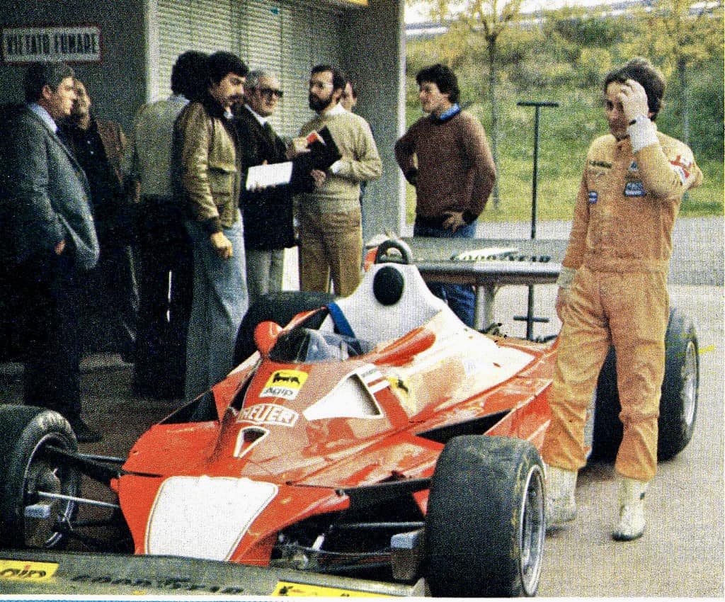 Year 1977 Japanese GP Gilles Villeneuve, Ferrari 312T2 spins onto