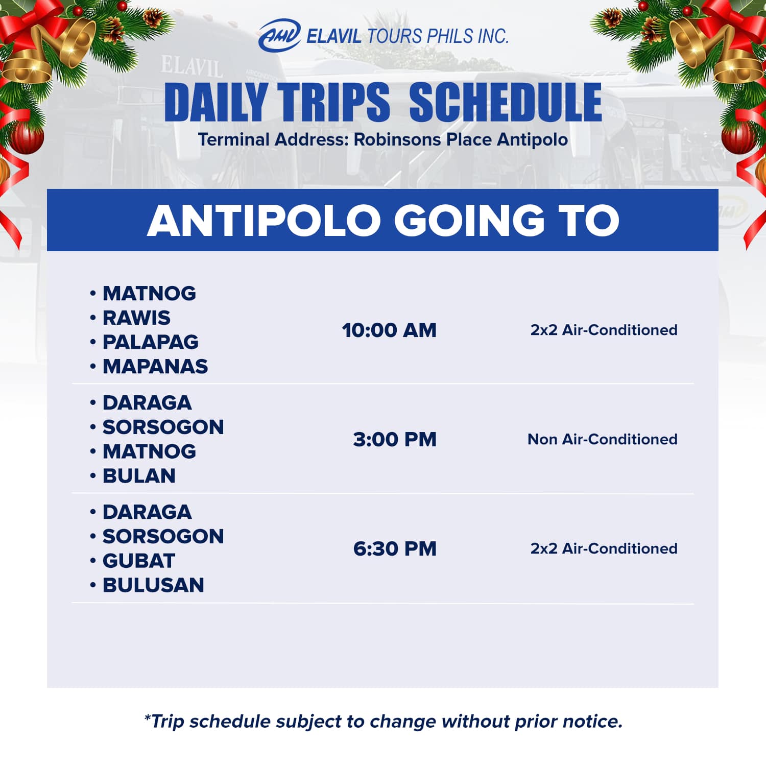 Check our daily trips schedules... - Elavil Tours Phils. Inc. | Facebook