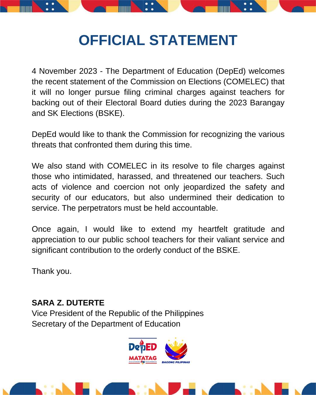 OFFICIAL STATEMENT 4 November 2023 -... - DepEd Philippines | Facebook