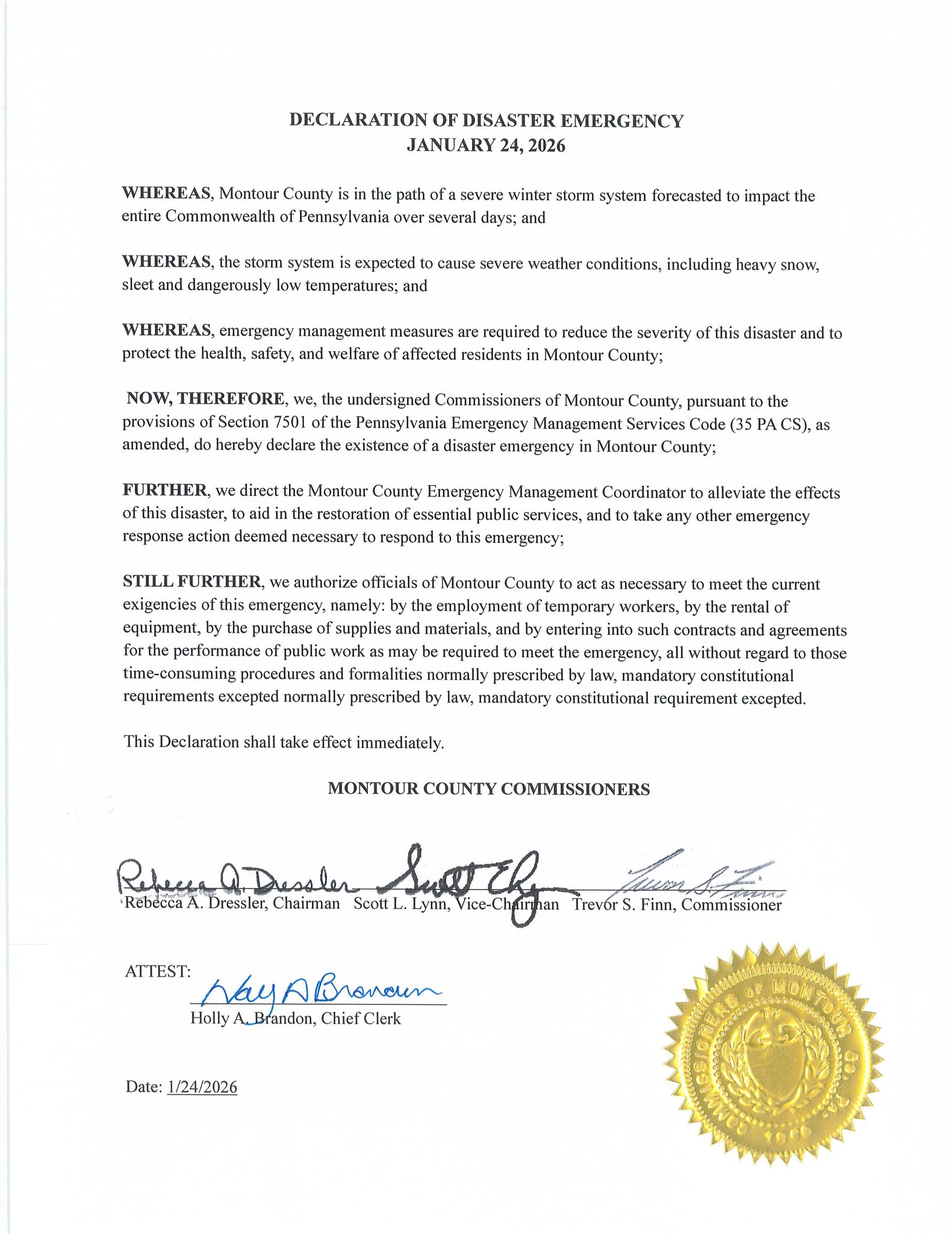 County - ️ Declaration of Disaster Emergency – Montour County ️ Due to ...