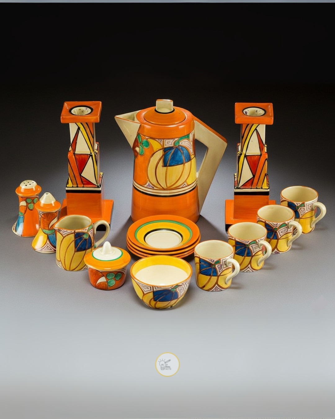 Art Deco tea set with geometric patterns in orange, yellow, and blue