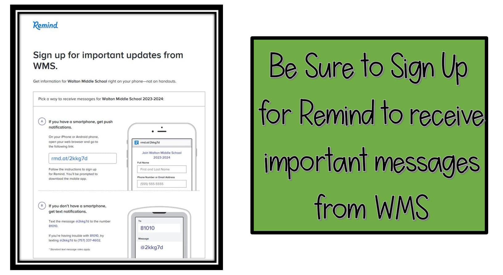 We have a NEW Remind code for the... - Walton Middle School | Facebook