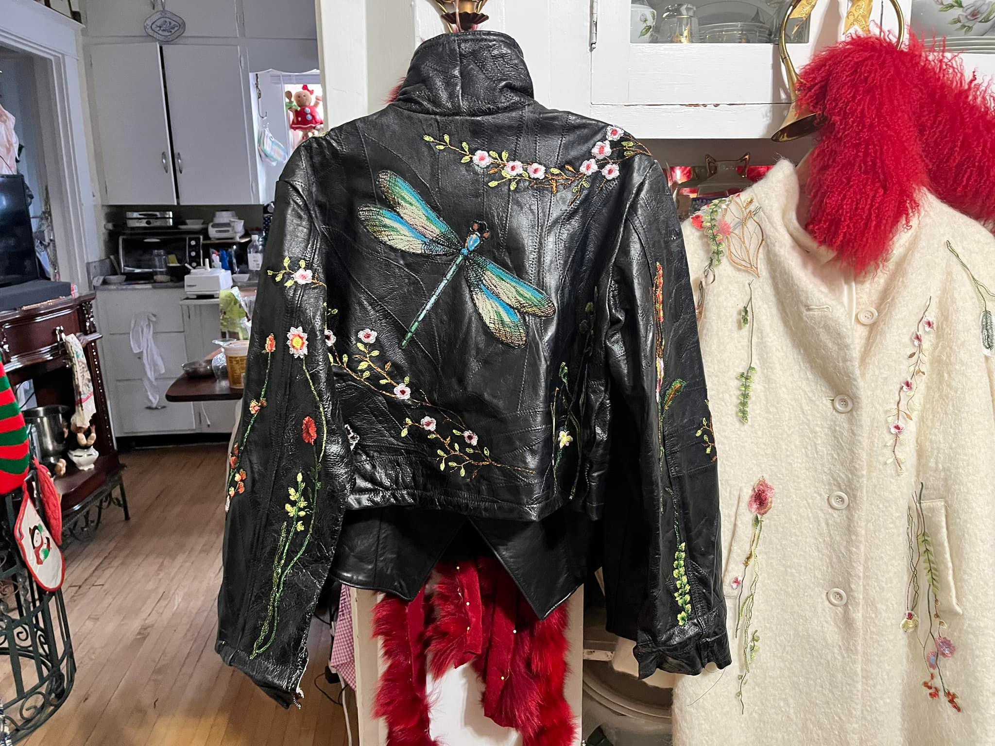 Embroidered leather jacket upcycle with thrifted jacket