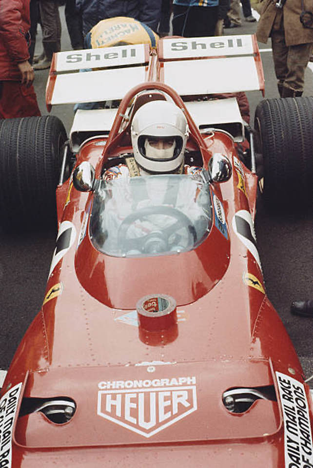 Clay Regazzoni's Ferrari 312B2 airborne at 1971 German GP