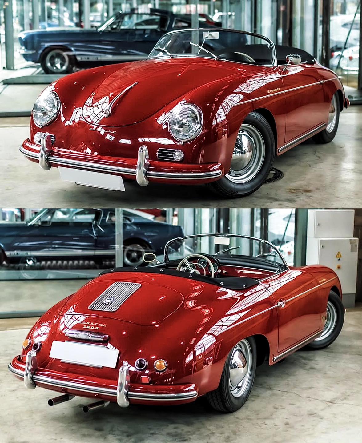 Vintage metallic red Porsche with yellow fog lights