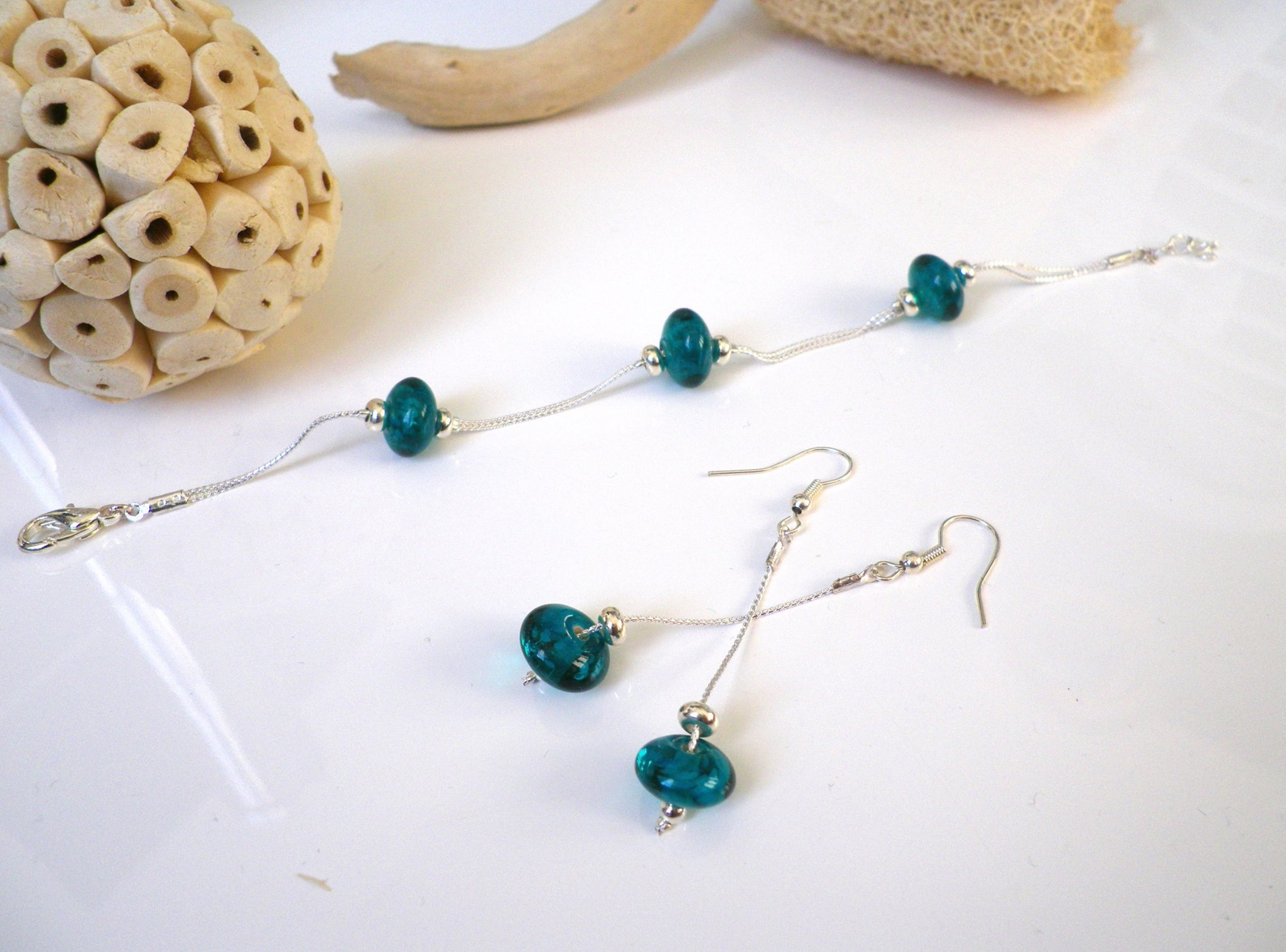 Perles Artisanales En Pâte De Verre Décorées Main - Bleu Et Vert - Lot De 14 Perles Façon Murano