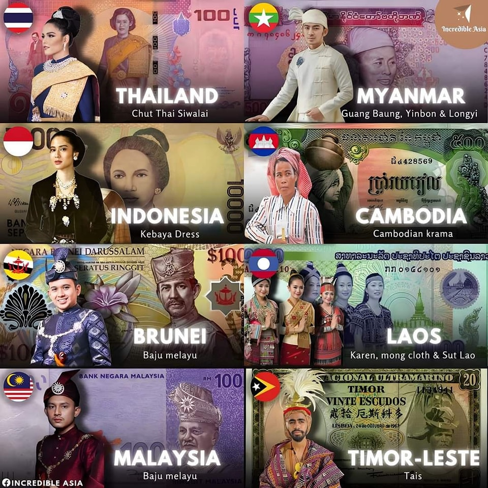 ASEAN - Banknotes with traditional costumes 🇹🇭🇮🇩🇲🇾🇧🇳🇲🇲🇰🇭🇱🇦🇹🇱 # ...