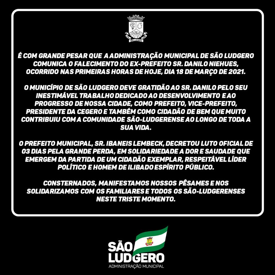 NOTA DE PESAR E LUTO OFICIAL É... - Município de São Ludgero | Facebook