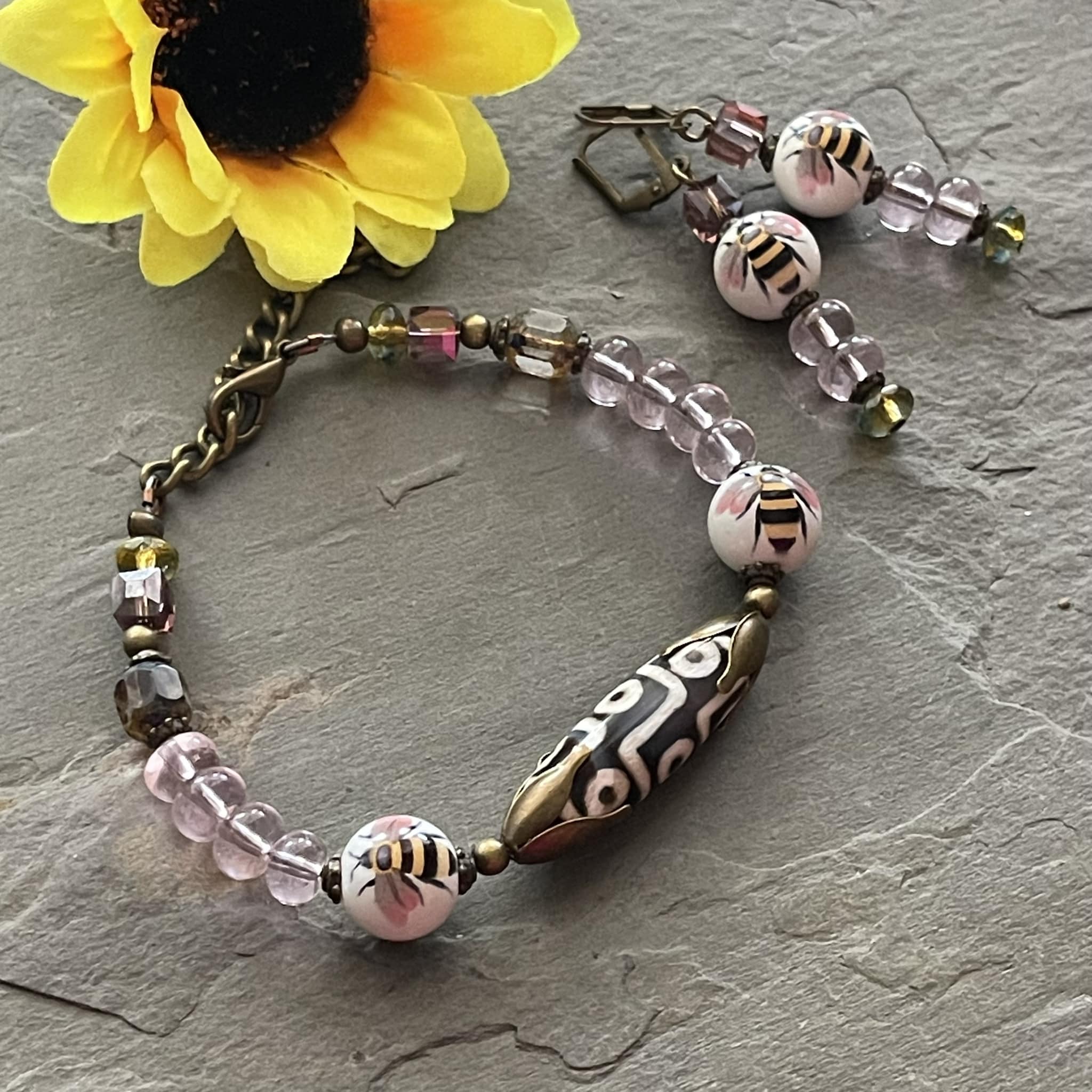 Pink Flamingo Charm Stretch Bracelet - Silver Plated Beads & Dangle Charm
