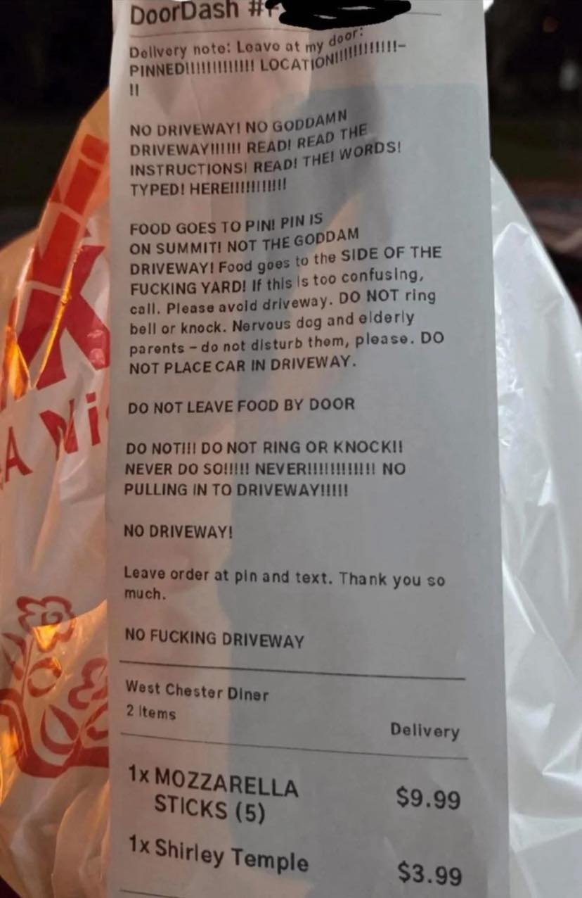 Village - instructions from a door dash order that I was doing today ...