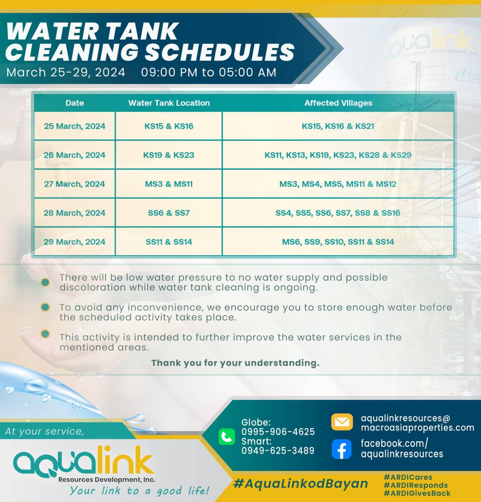 WATER TANK CLEANING SCHEDULES March... - Aqualink Resources - Fo-X Tank Cleaning Schedule