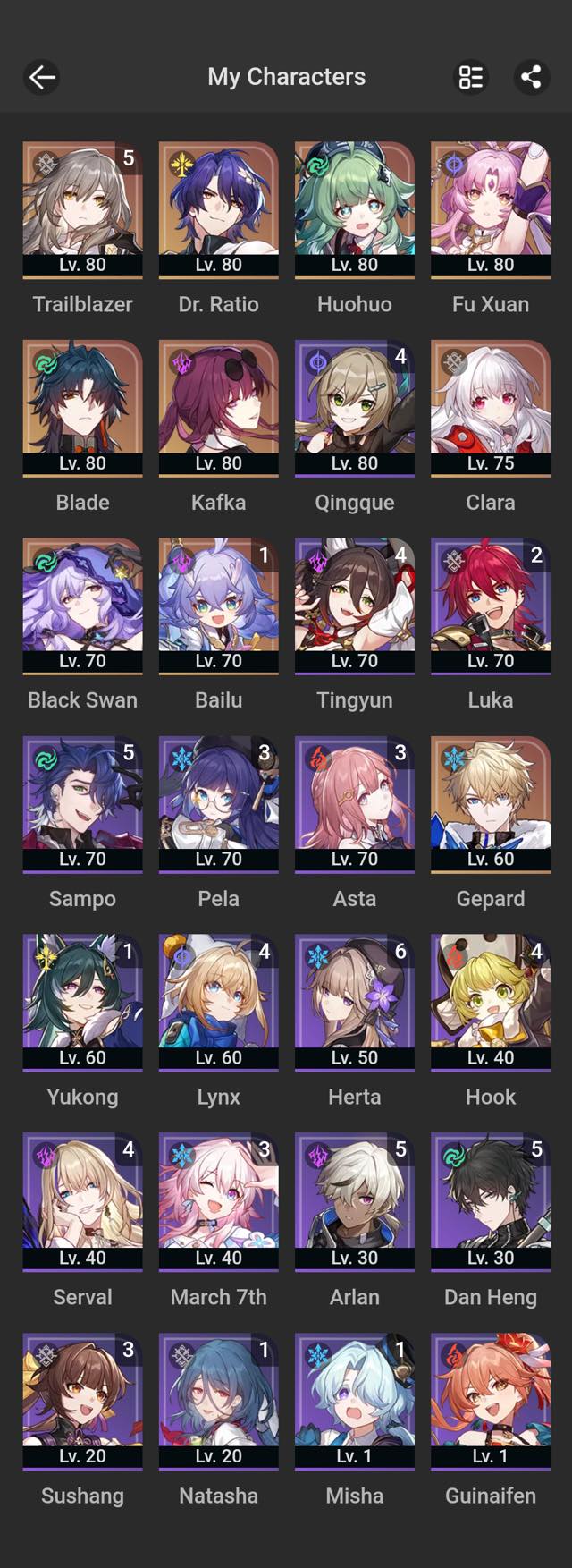 Compte Honkai: Star Rail - Niveau 24 Avec Bailu, Tingyun, Himeko, Bronya (Team SS) - Compte Neuf