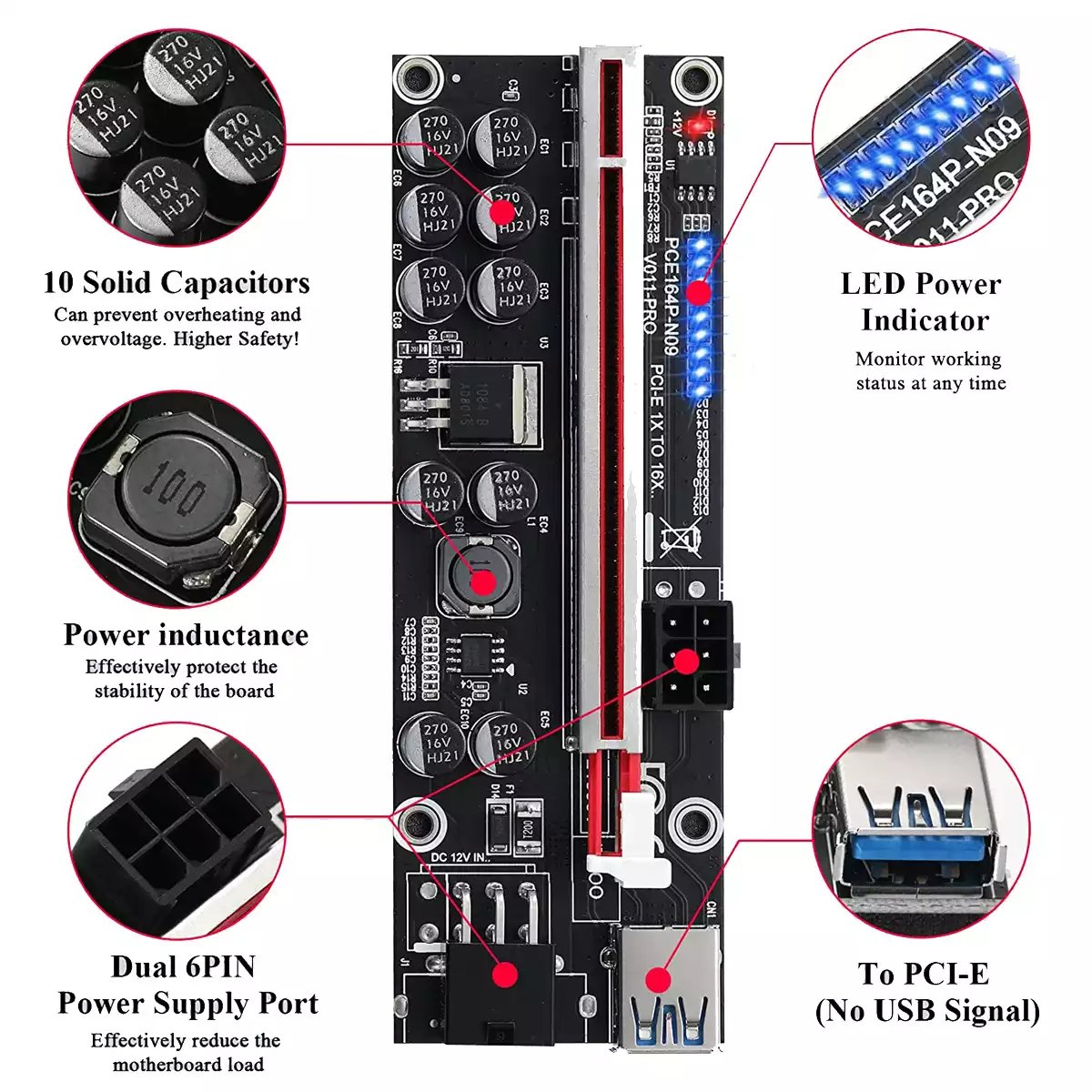 Riser PCIe GPU MZHOU 16x1 6 pines Ver011 PRO 10 Capacitores (Minería ...