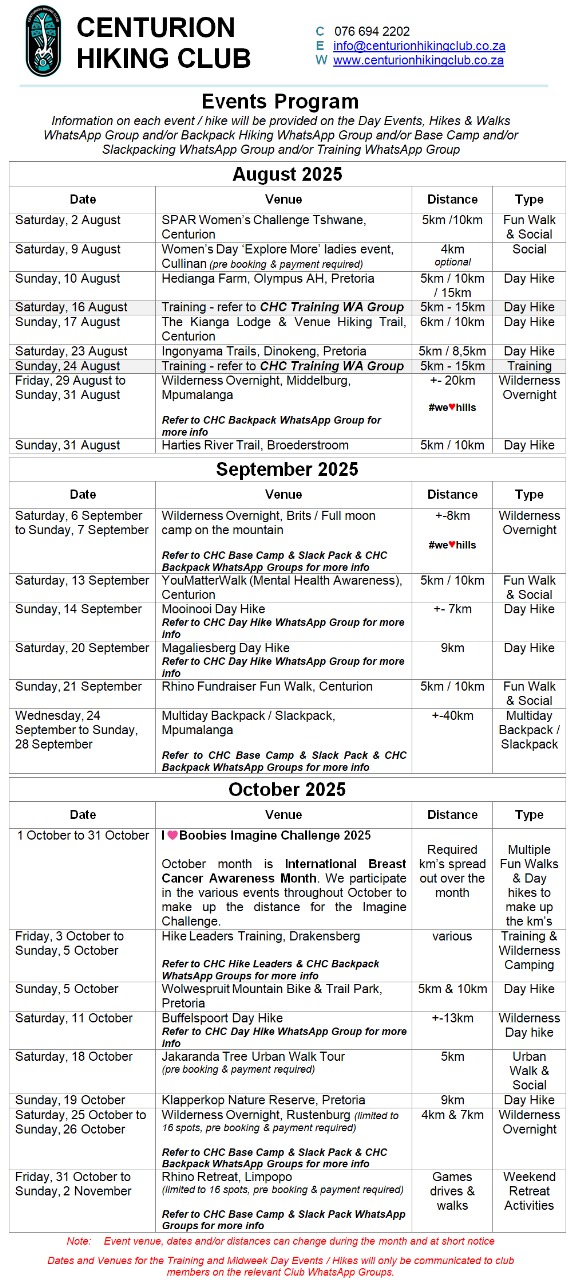 Centurion - Updated Events Program for August, September & October 2025 ...