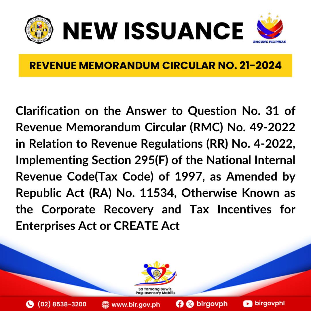 Bureau - Revenue Memorandum Circular No. 21-2024 Clarifies the answer ...