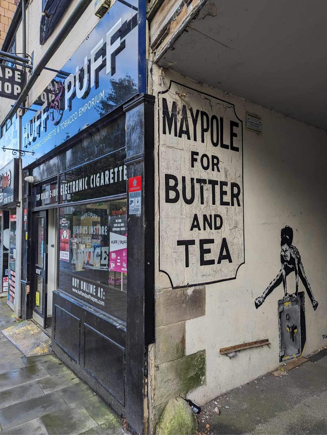 This ghost sign advertising “Maypole for butter and tea” was found outside  a vape shop in Buxton, Derbyshire. The Maypole Dairy Company was created by  George Watson in 1887 in Wolverhampton. The