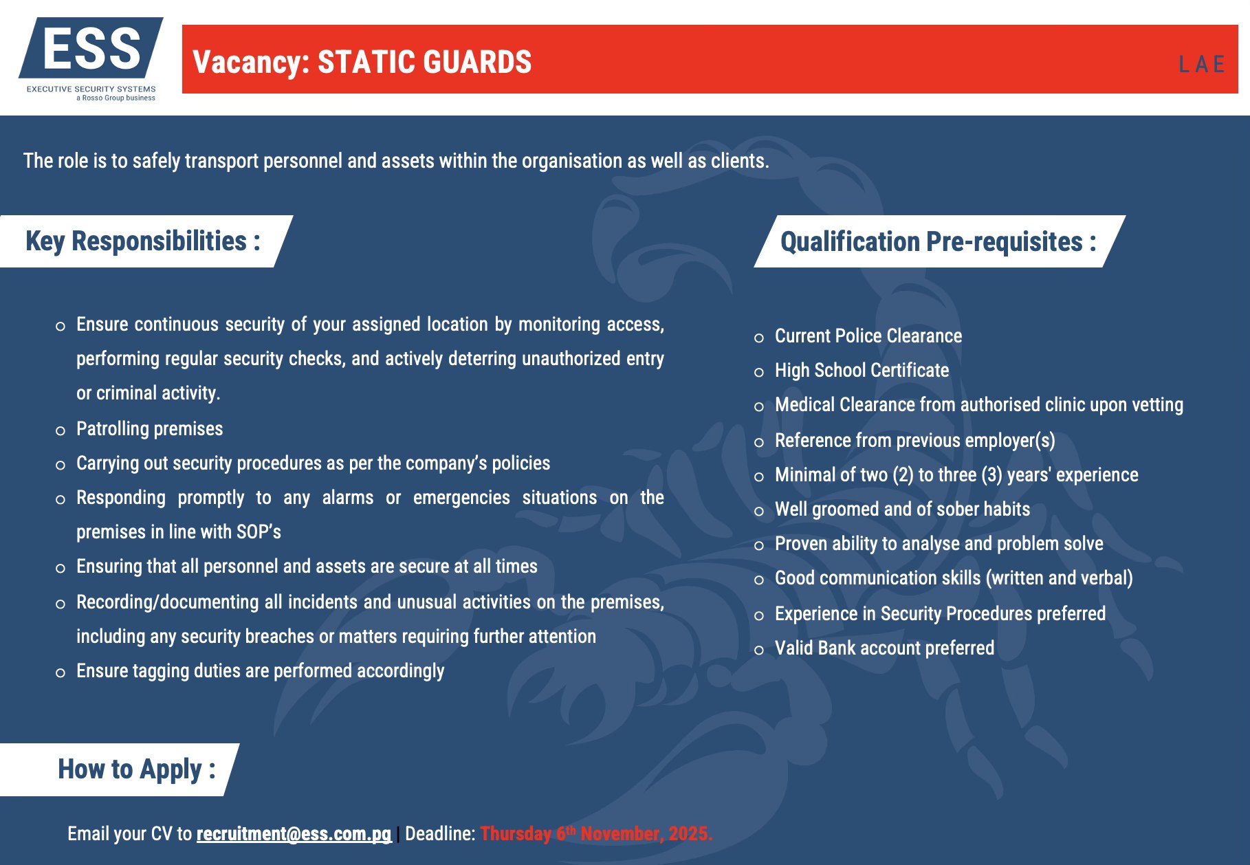 Executive - JOIN OUR TEAM 📢 We're hiring Static Guards in Lae! 📅 ...