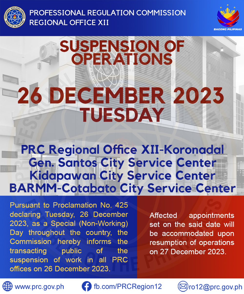 PRC Region XII - ADVISORY SUSPENSION OF OPERATIONS 26... | Facebook