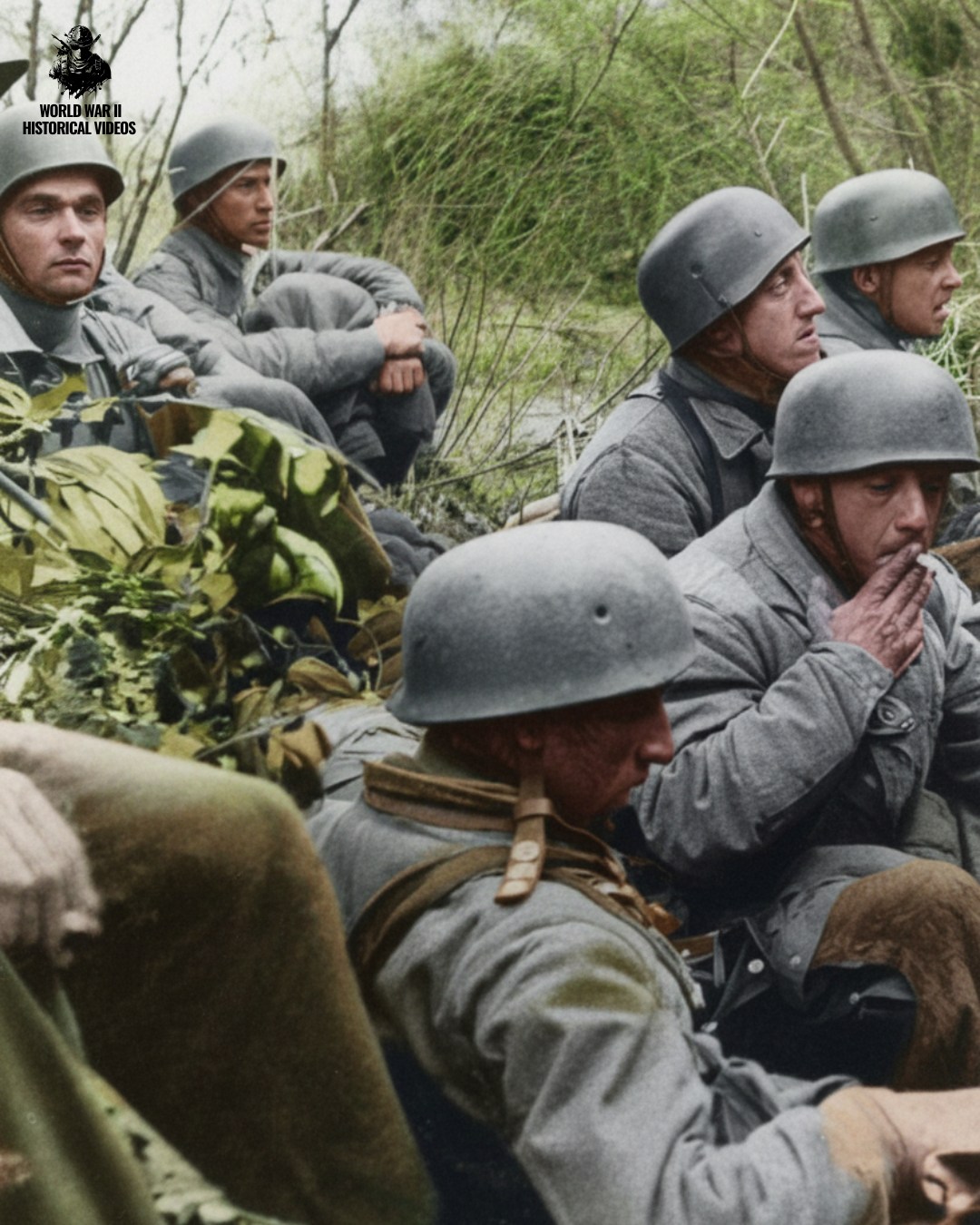 WORLD - This photograph captures a group of soldiers resting in a ...