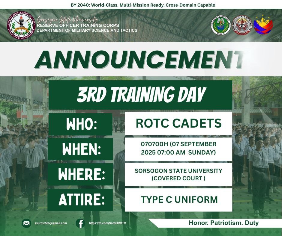 Sorsogon - 𝗔𝗧𝗧𝗘𝗡𝗧𝗜𝗢𝗡‼️ 𝗚𝗥𝗘𝗘𝗧𝗜𝗡𝗚𝗦! 𝗪𝗛𝗢: ROTC Cadets 𝗪𝗛𝗘𝗡: 070700H 07 ...
