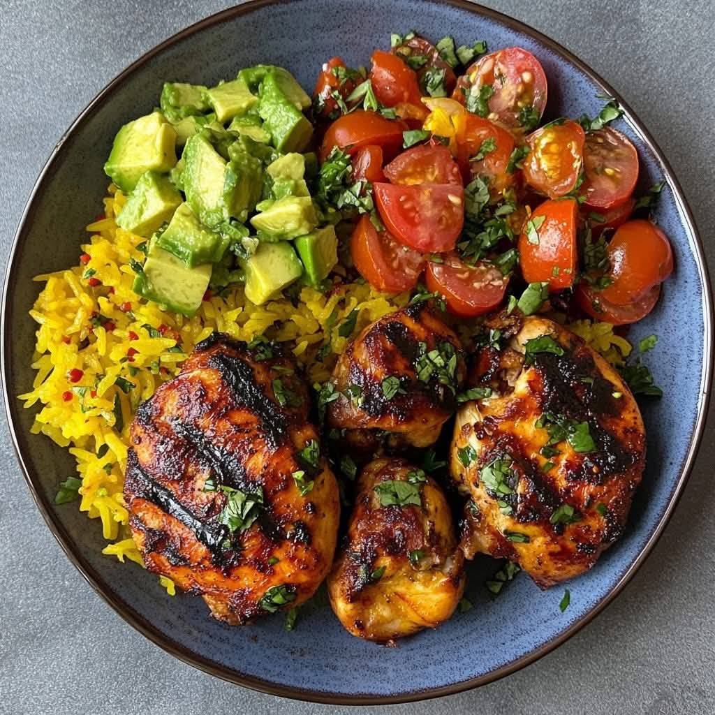 Mohamed - دجاج مشوية مع سلطة الأفوكادو والطماطم وأرز بالزعفران 🥑🍅🍗 📝 ...