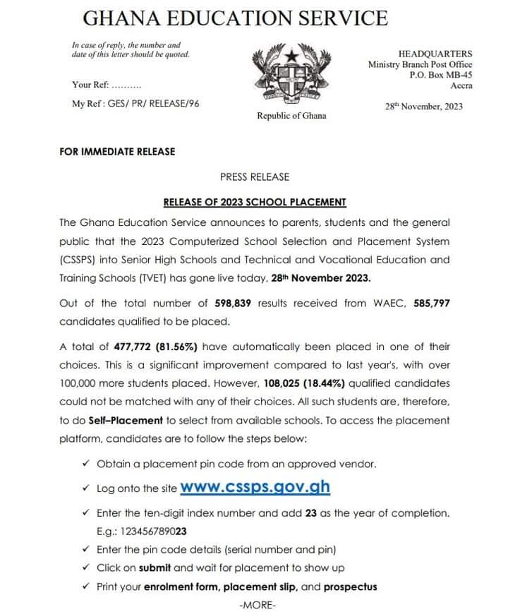 Etor K. Jo - The BECE graduates placement into SHS 2023 is...