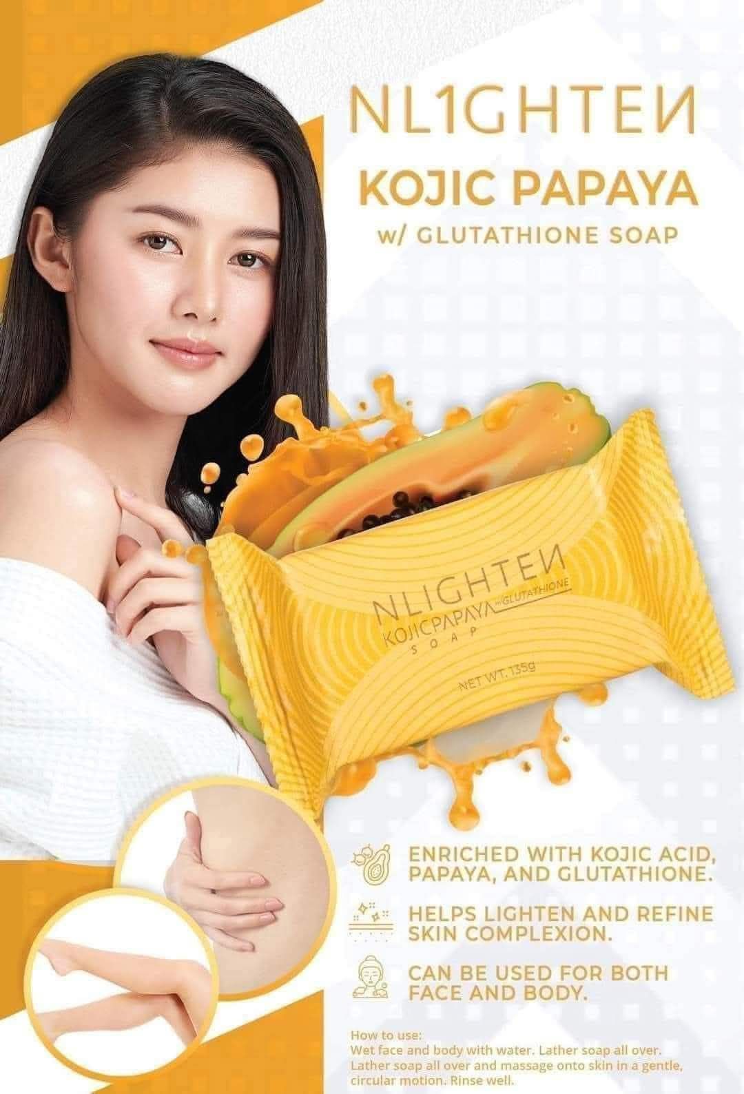 nlighten kojic papaya with glutathione ingredients 🫧 🧼 Fiorae & Gluta Plus Whitening Soap is a triple-action bar soap that gently exfoliates papaya enzyme, brightens with glutathione, and reduces dark spots with kojic acid — Your liver supports you