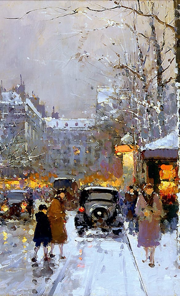 Edouard Leon Cortes painting of Paris Place de la Madeleine in winter